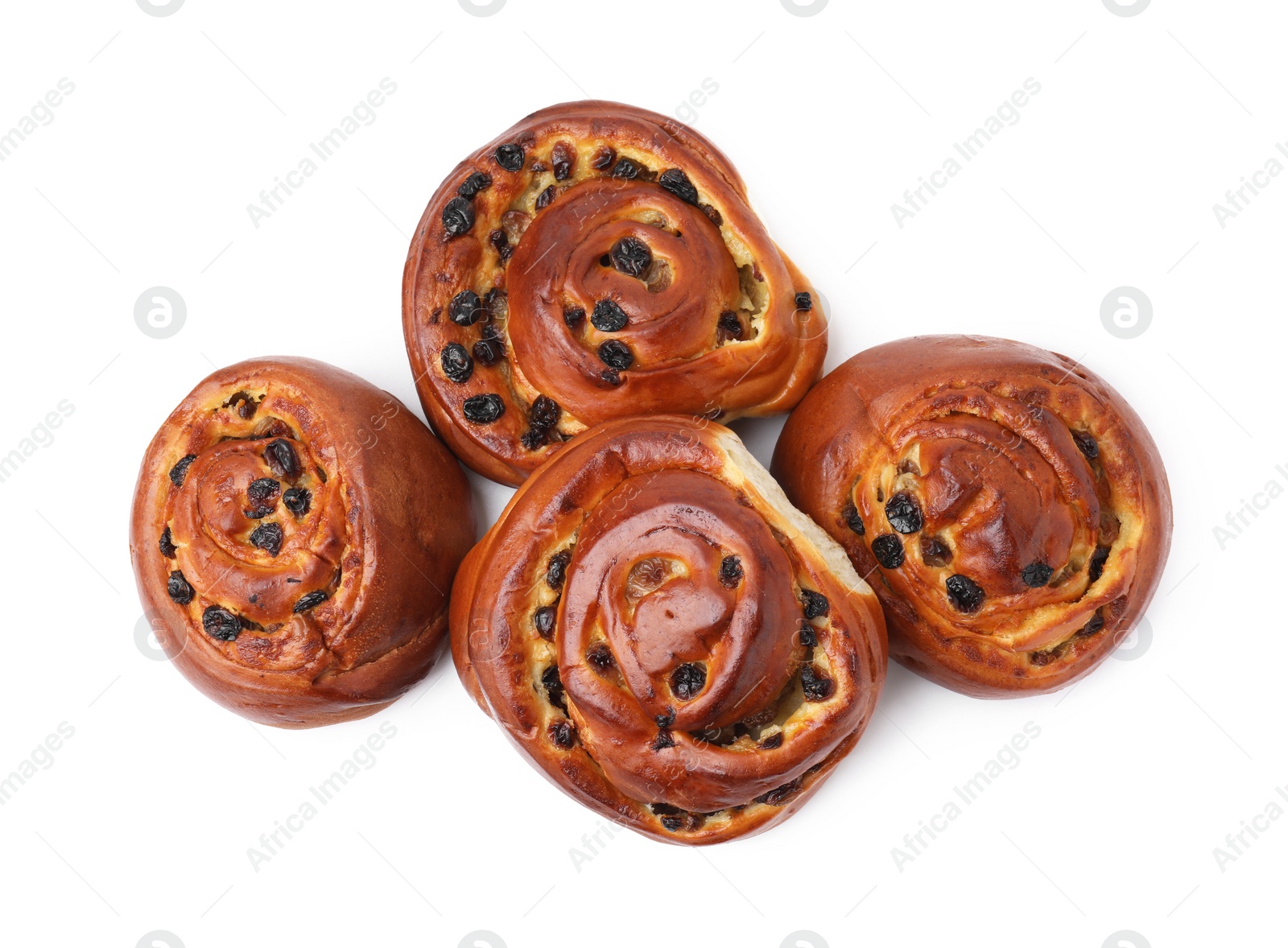 Photo of Delicious rolls with raisins isolated on white, top view. Sweet buns