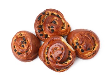Photo of Delicious rolls with raisins isolated on white, top view. Sweet buns