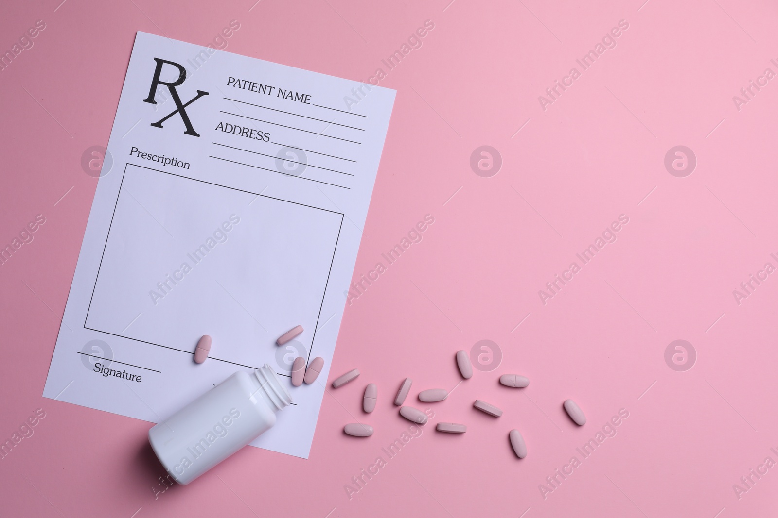 Photo of Medical prescription form, pills and bottle on pink background, flat lay. Space for text