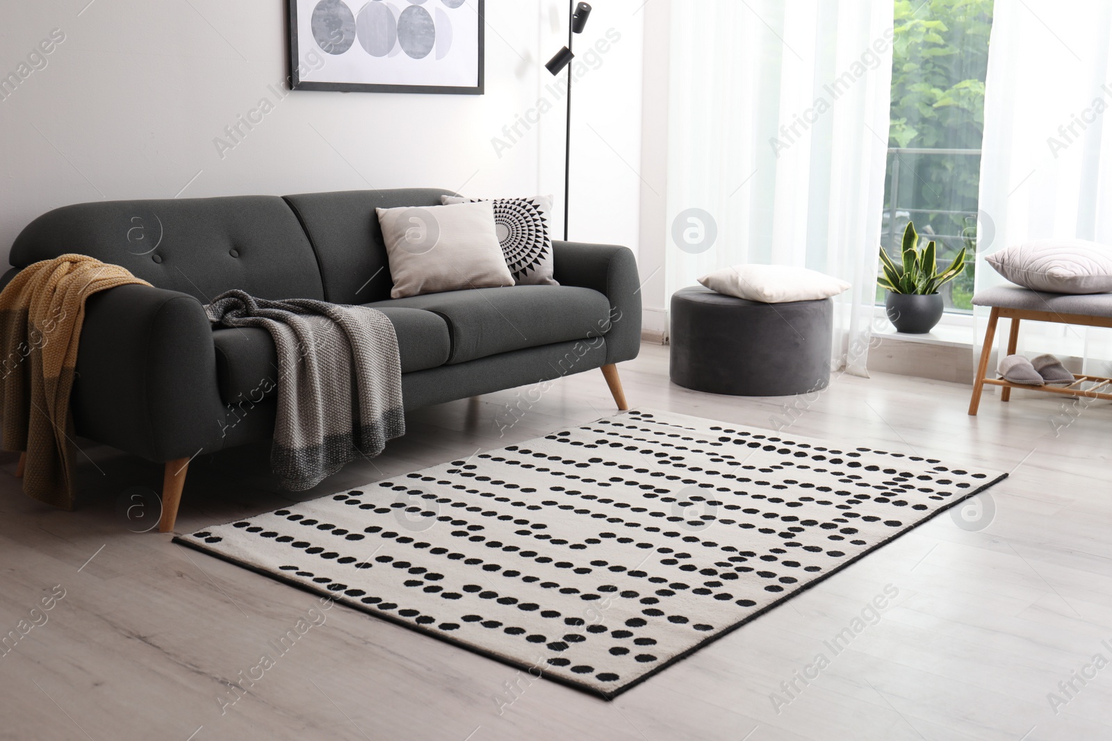 Photo of Living room interior with comfortable sofa and stylish rug