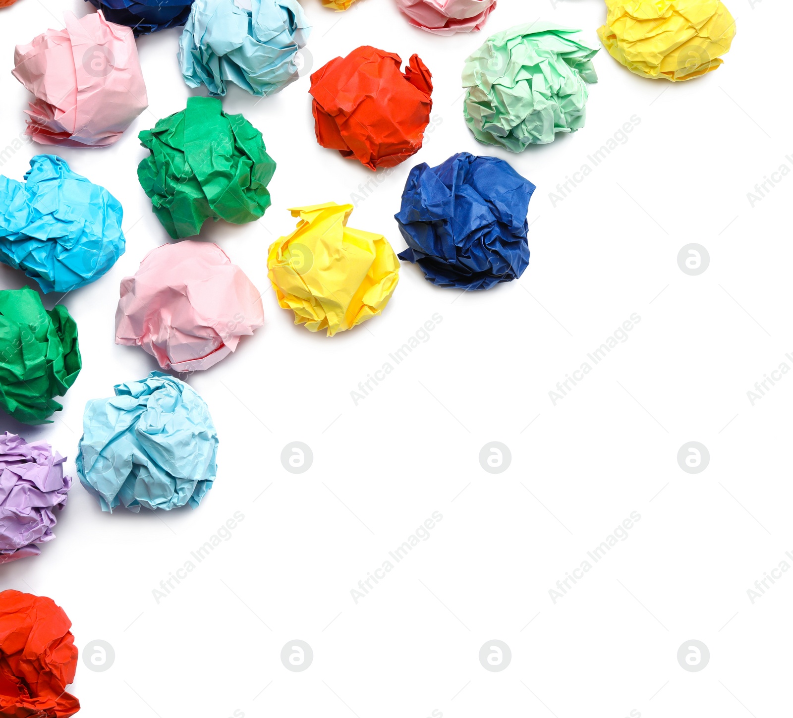 Photo of Frame made of colorful paper balls on white background, top view. Space for text