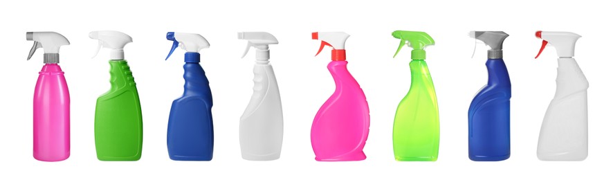 Image of Set with bottles of different cleaning products on white background, banner design. Household chemicals