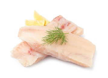 Photo of Pieces of raw cod fish, dill and lemon isolated on white