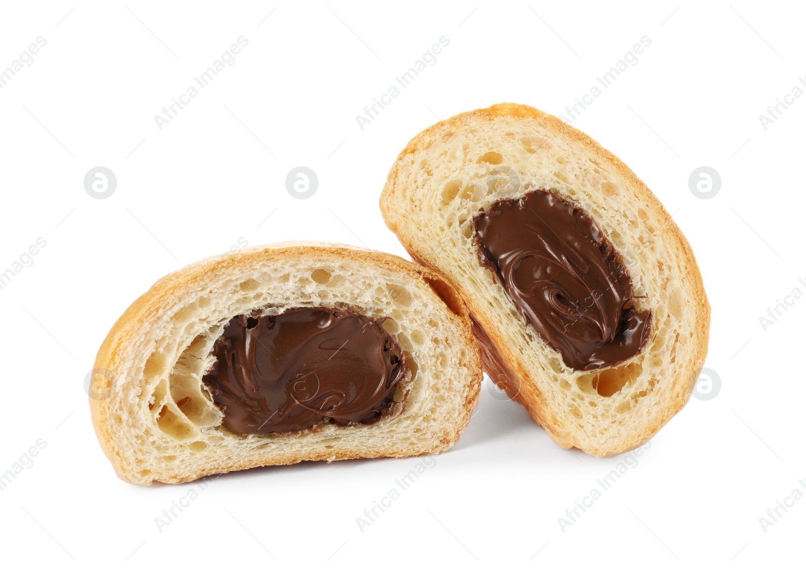 Photo of Delicious cut croissant with chocolate isolated on white