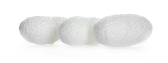 Photo of Beautiful natural silkworm cocoons on white background