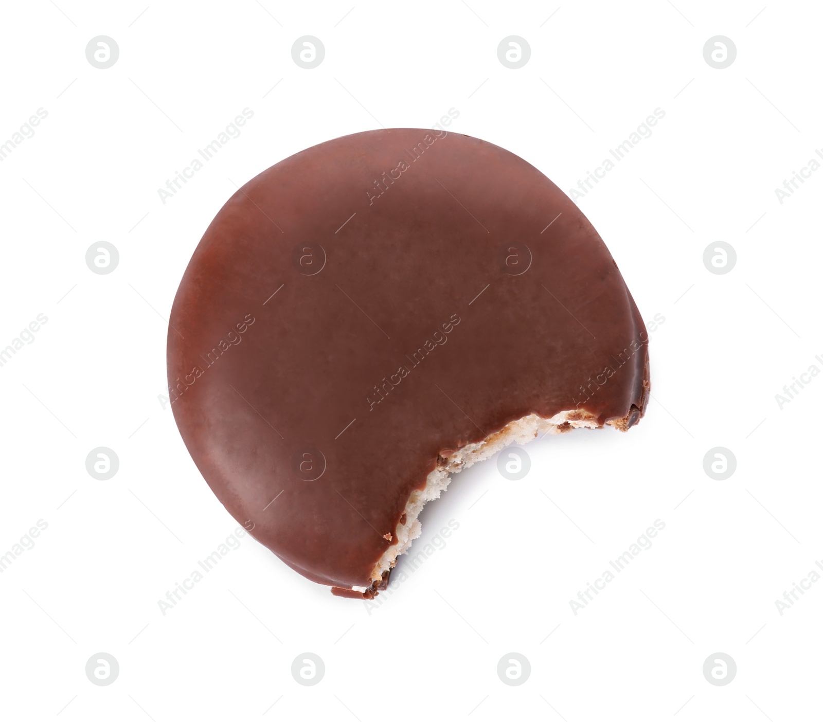 Photo of Delicious choco pie with bite mark isolated on white, top view