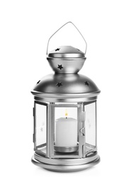 Photo of Decorative Christmas lantern with candle isolated on white