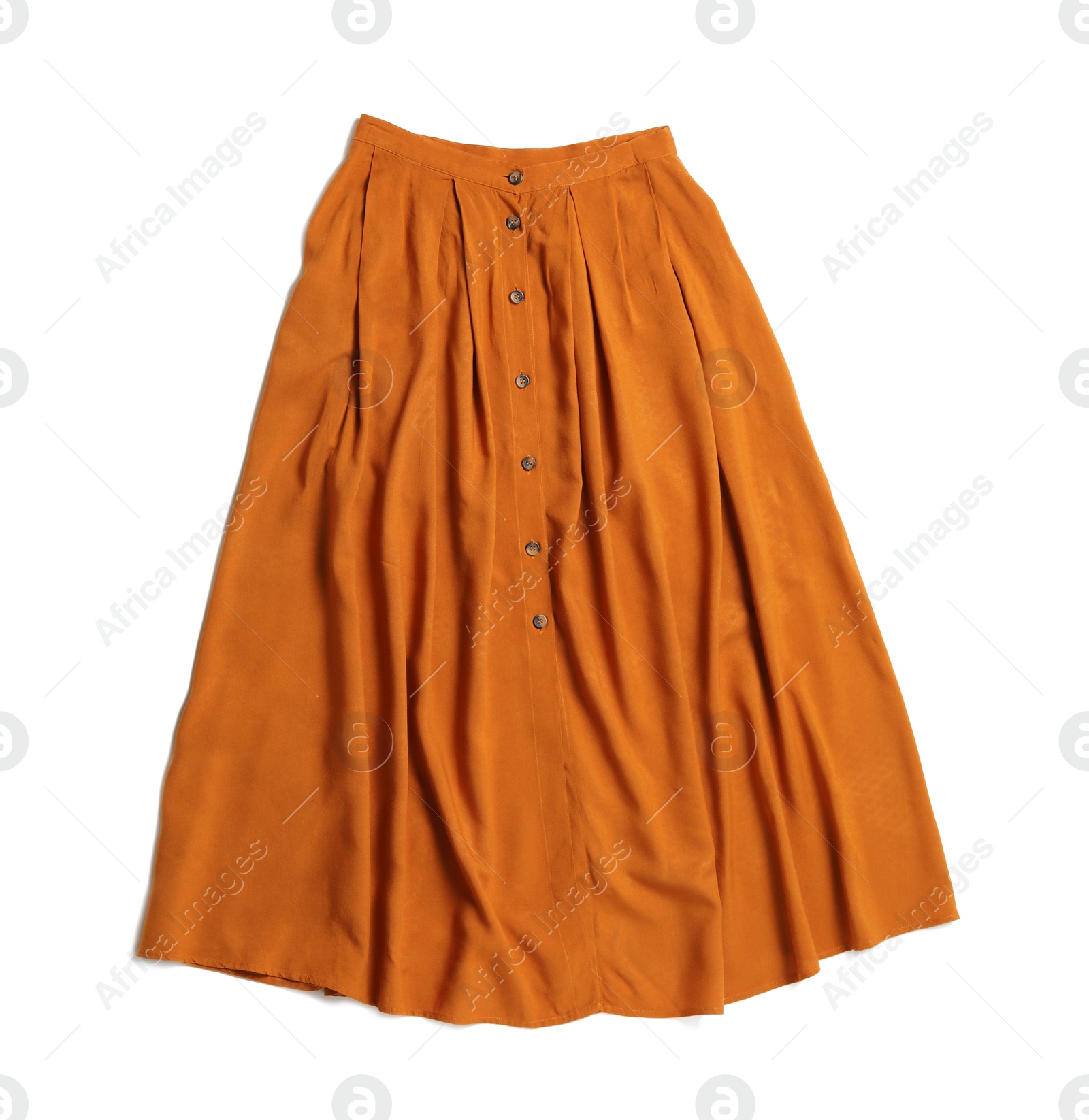 Photo of Elegant long orange skirt isolated on white, top view