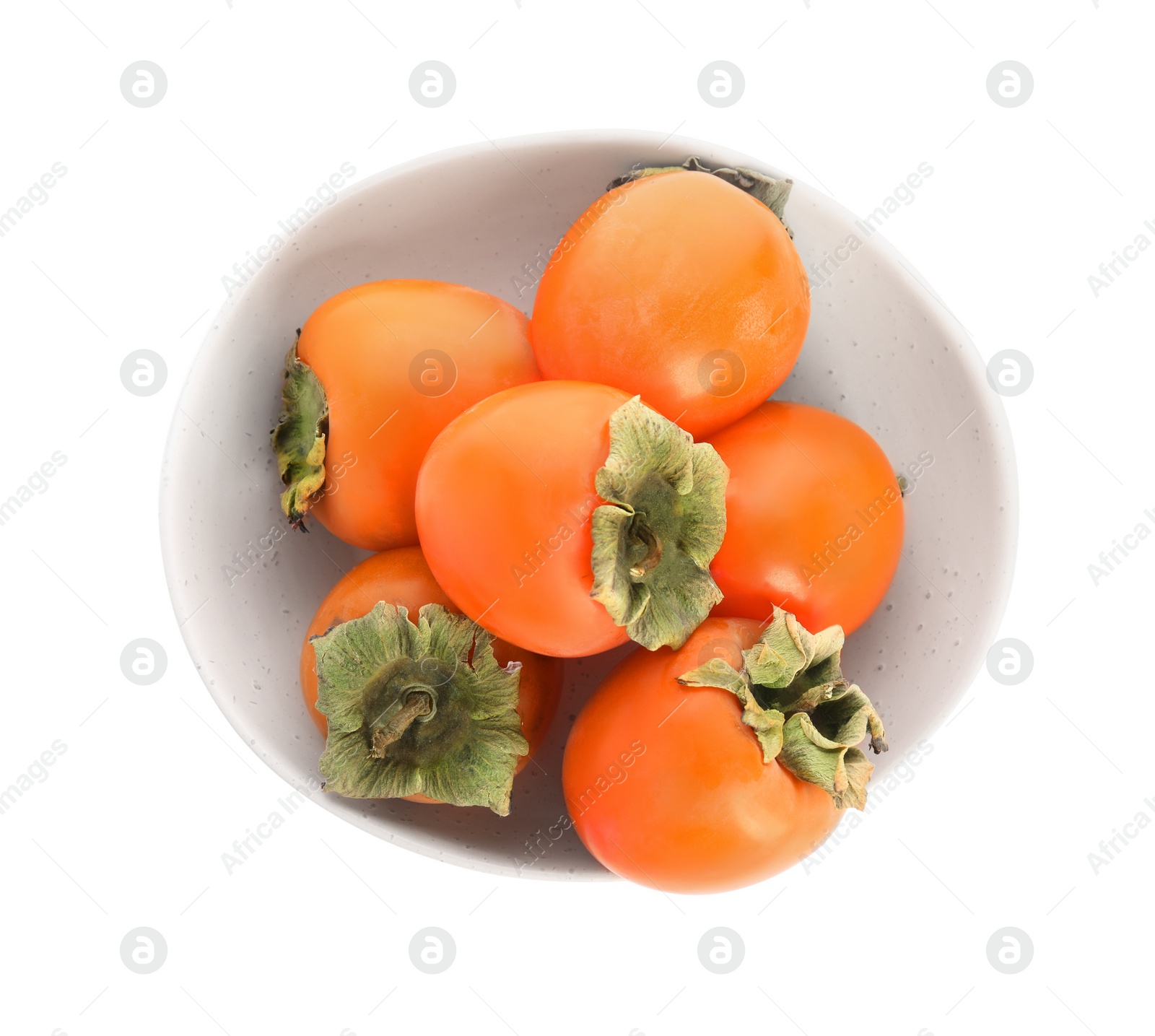 Photo of Bowl with delicious persimmons isolated on white, top view