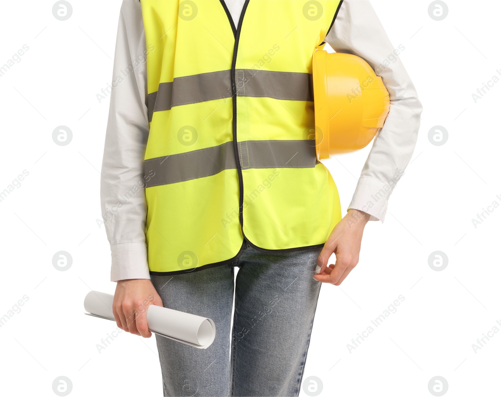 Photo of Engineer with hard hat and draft on white background, closeup