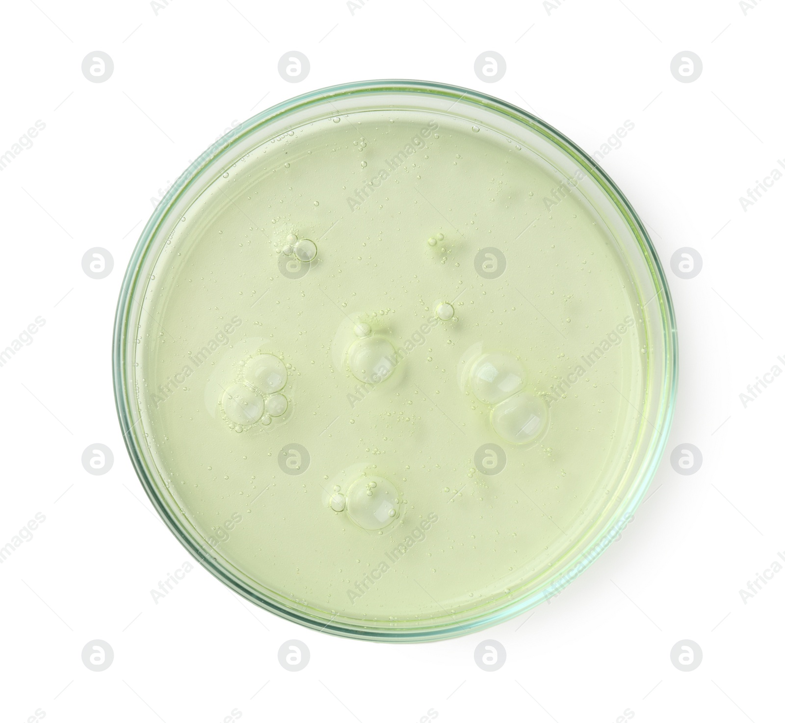 Photo of Petri dish with liquid sample on white background, top view