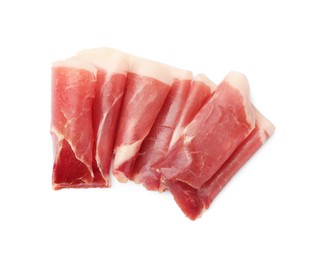 Photo of Slices of delicious jamon on white background, top view