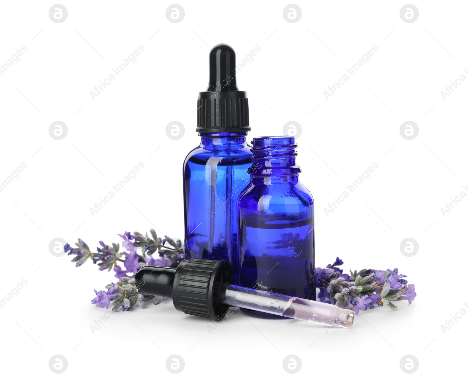 Photo of Bottles with natural lavender oil, flowers and dropper on white background