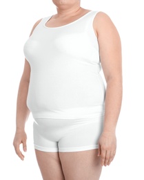 Photo of Overweight woman on white background, closeup. Weight loss