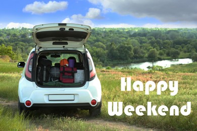 Image of Happy Weekend. Car with camping equipment in green field
