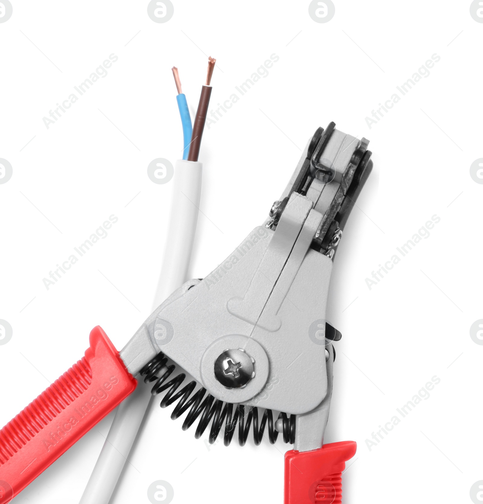 Photo of Cutters and stripped wire isolated on white, top view