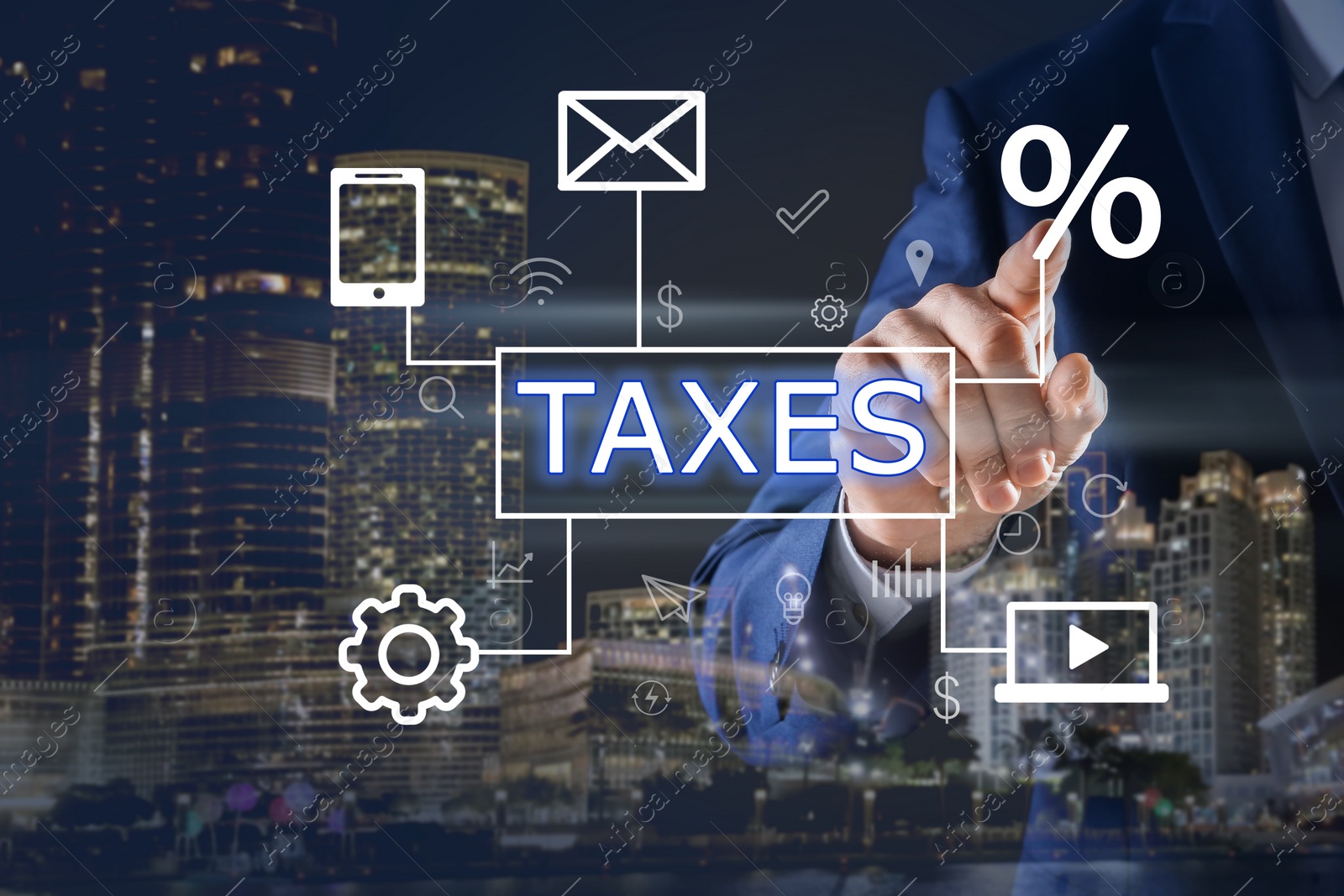 Image of Tax concept. Man using virtual screen, closeup