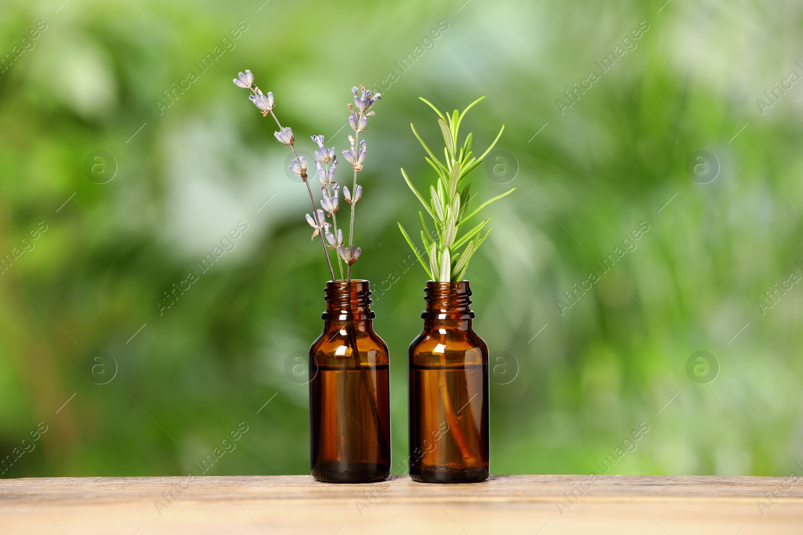 Photo of Bottles with essential oils, lavender and rosemary on wooden table against blurred green background