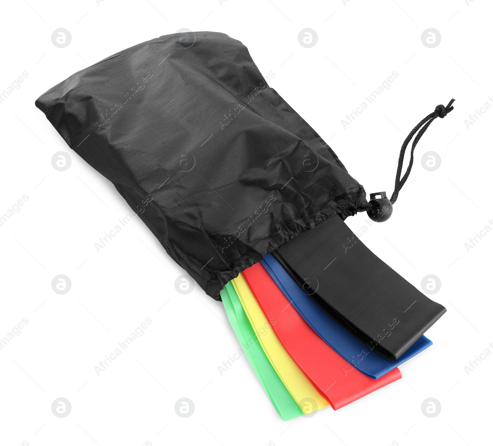 Photo of Black bag with colorful elastic resistance bands isolated on white. Fitness equipment