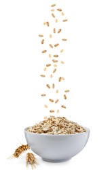 Image of Dry uncooked oatmeal falling into bowl on white background