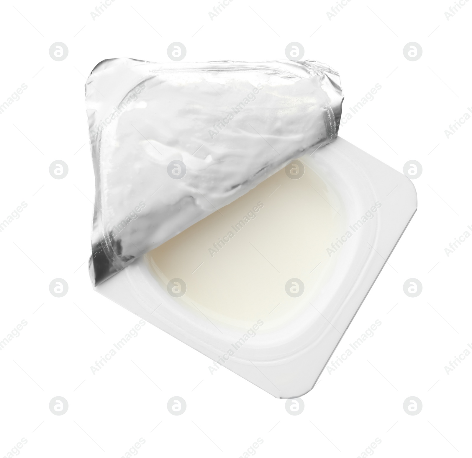 Photo of Plastic cup with yummy yogurt on white background