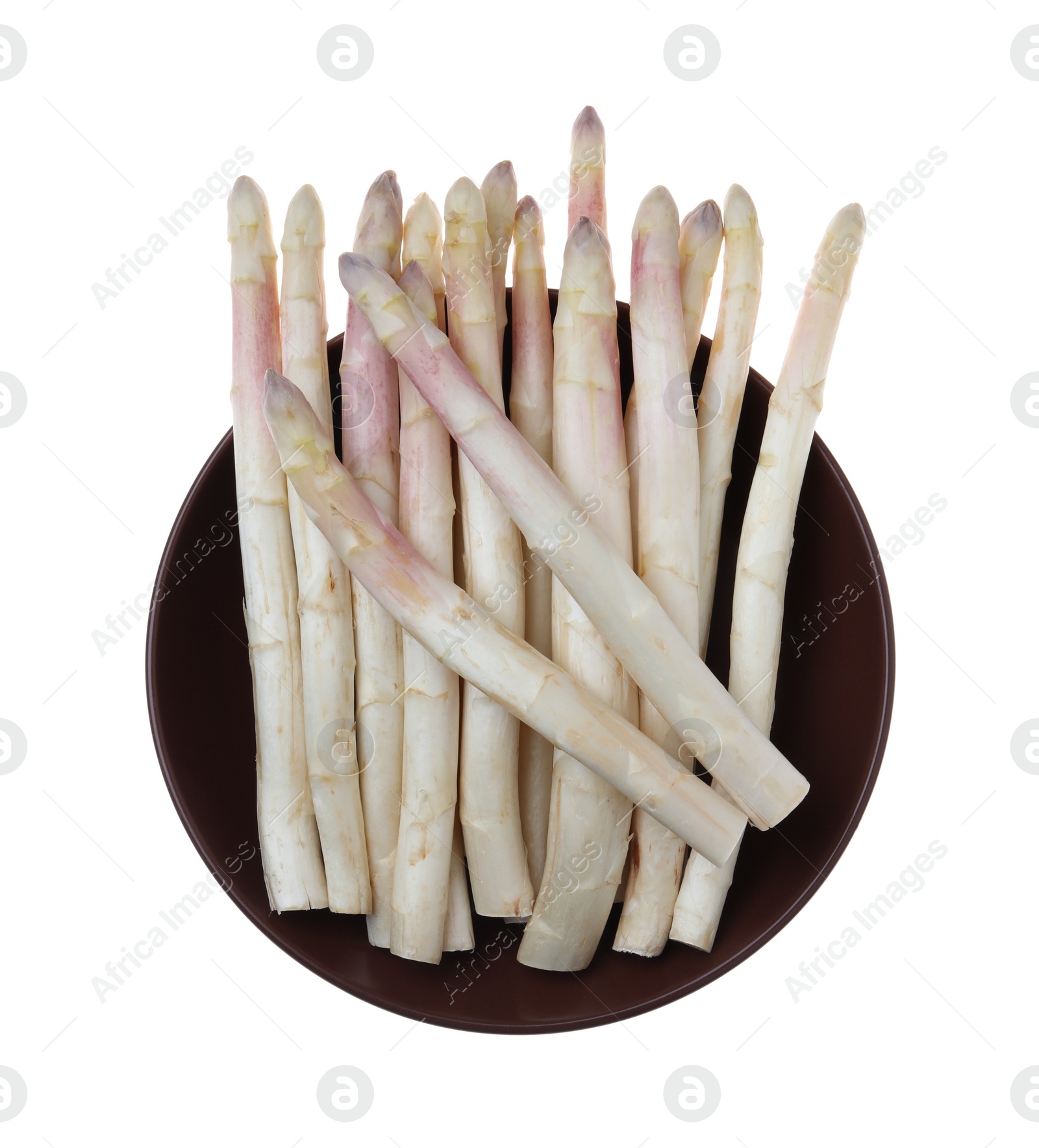 Photo of Fresh ripe asparagus isolated on white, top view