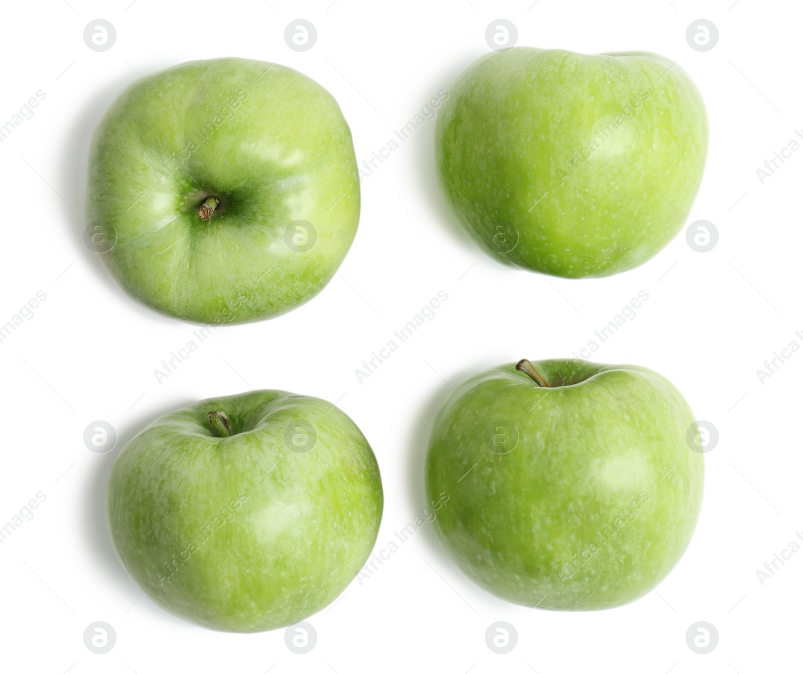 Photo of Fresh green apples on white background, top view