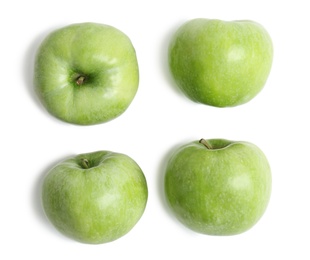 Photo of Fresh green apples on white background, top view