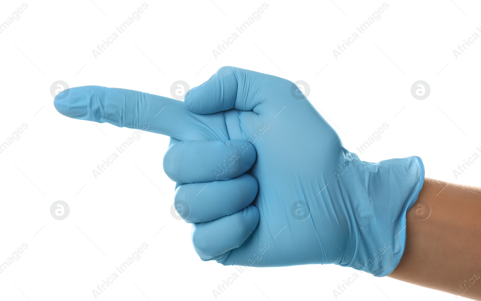 Photo of Person in blue latex gloves showing number one against white background, closeup on hand