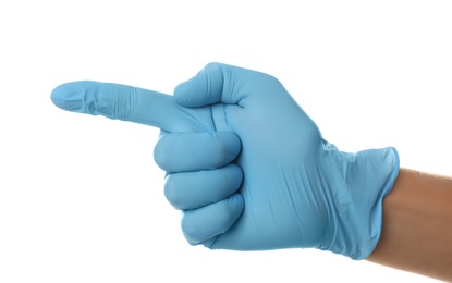 Photo of Person in blue latex gloves showing number one against white background, closeup on hand