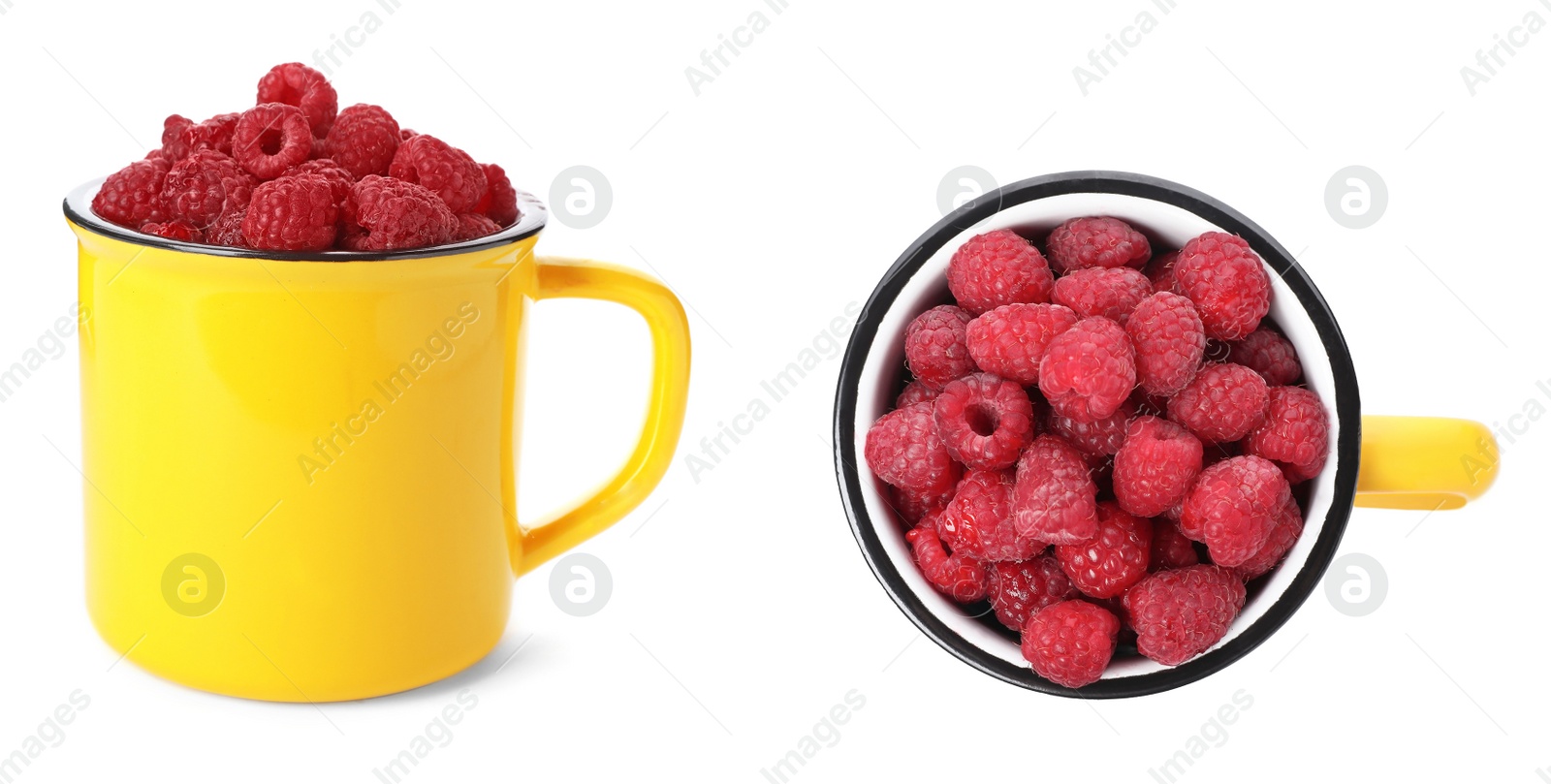 Image of Fresh ripe raspberries in yellow mug on white background, top and side views