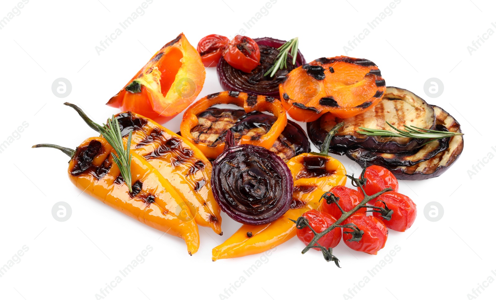 Photo of Different delicious grilled vegetables isolated on white