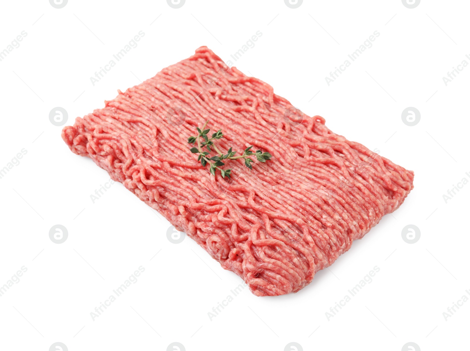 Photo of Fresh raw ground meat and thyme isolated on white
