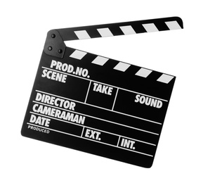 Photo of Clapper board isolated on white. Cinema production