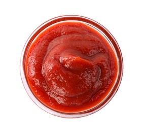 Tasty ketchup in glass bowl isolated on white, top view