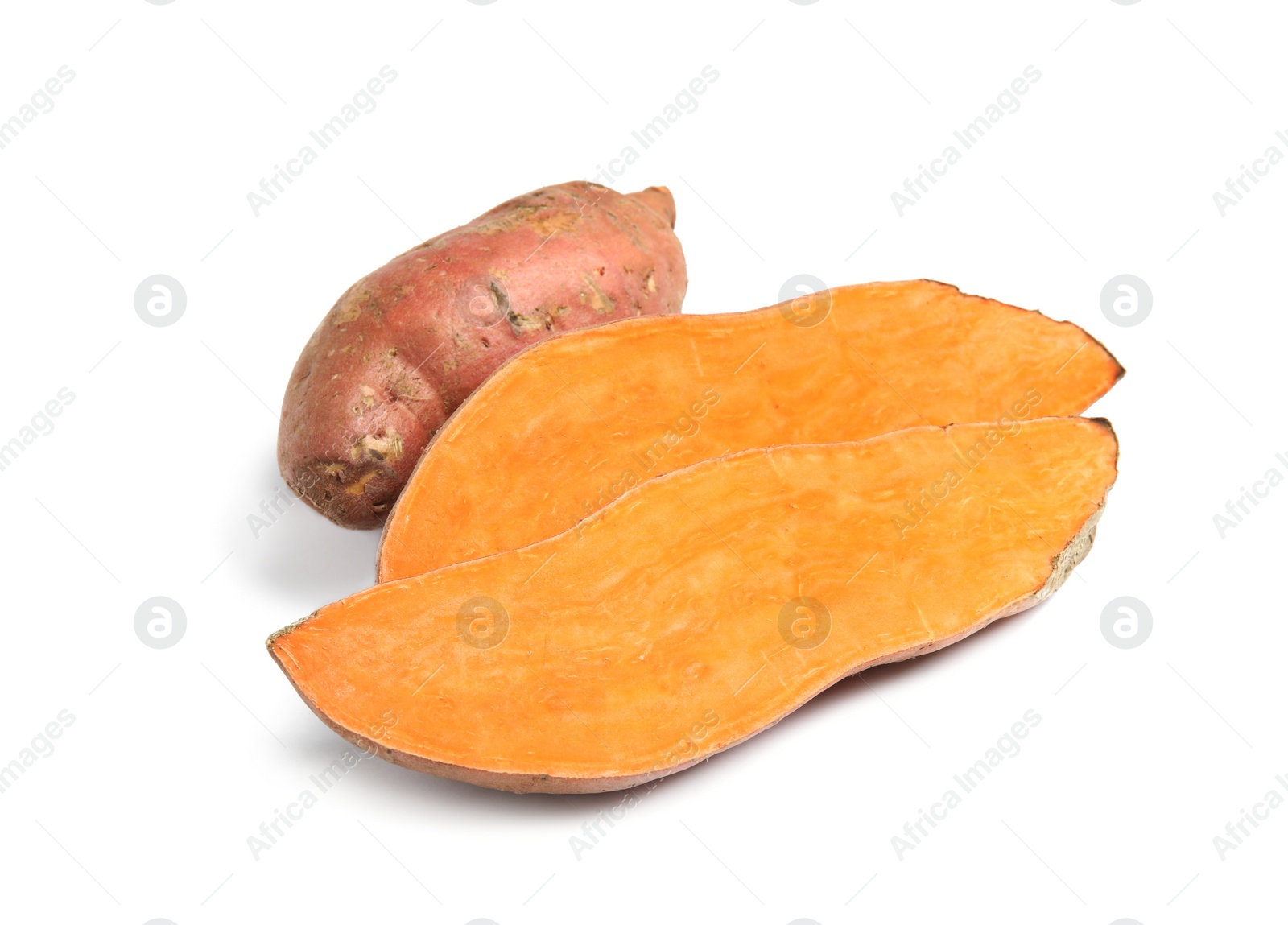 Photo of Fresh ripe sweet potatoes on white background