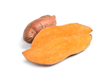 Photo of Fresh ripe sweet potatoes on white background