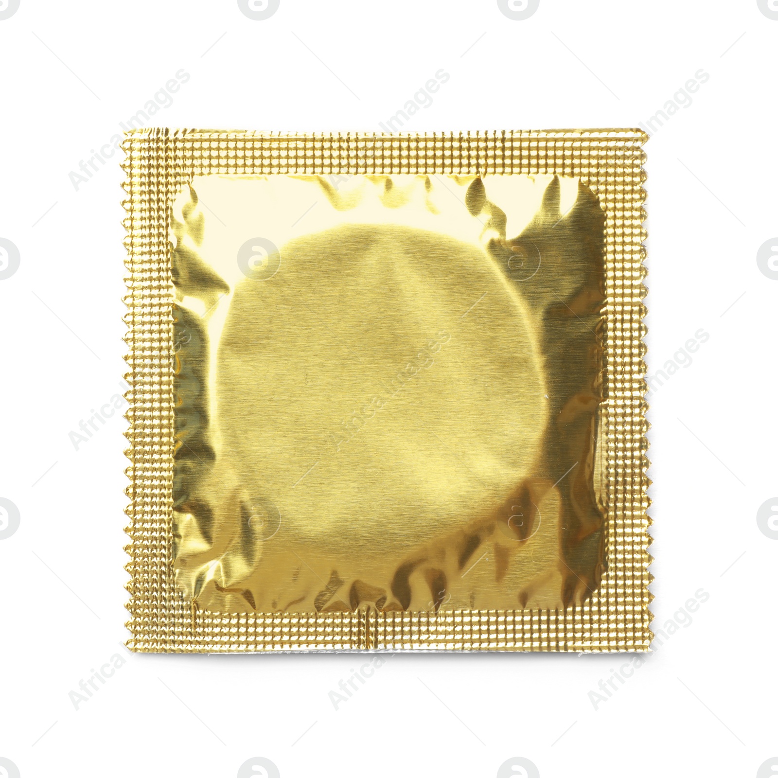 Photo of Golden condom package on white background, top view. Safe sex