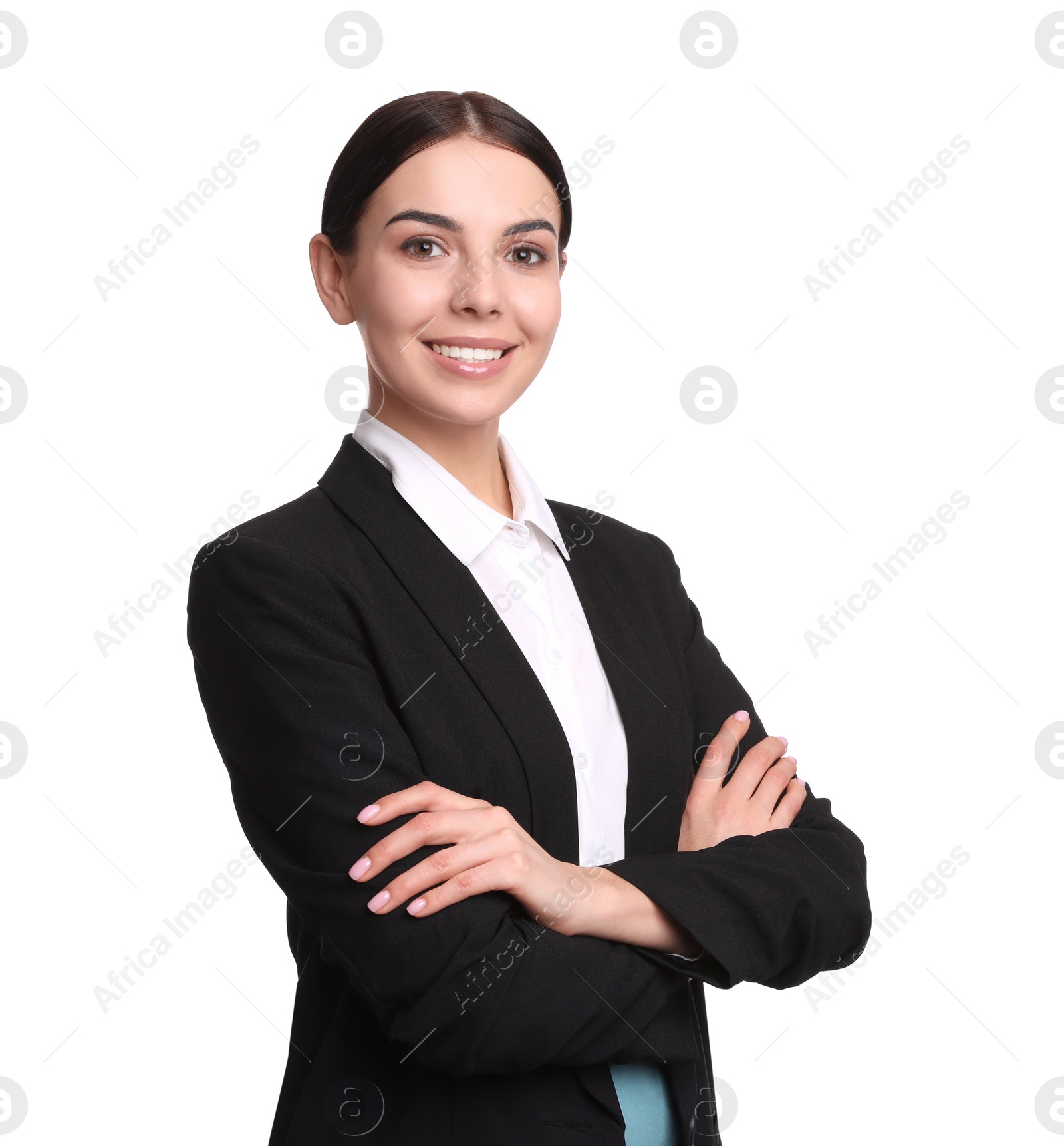 Photo of Portrait of young businesswoman on white background