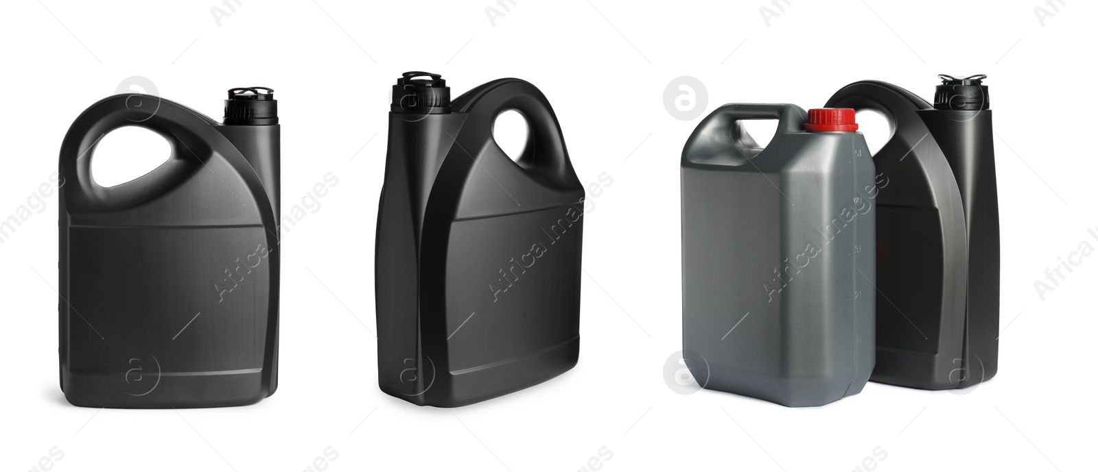 Image of Set with different canisters of car products on white background. Banner design