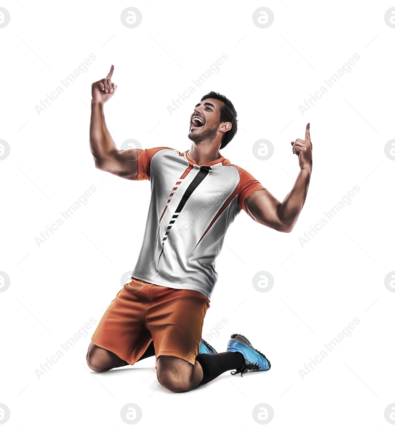 Image of Young emotional football player on white background