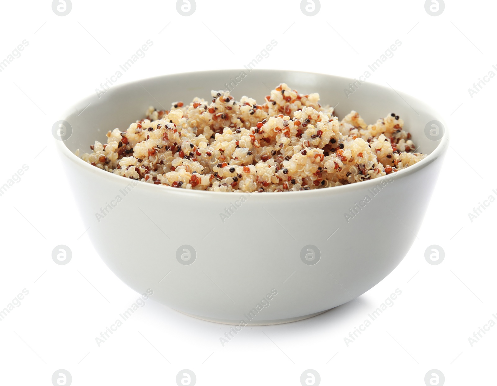 Photo of Cooked delicious quinoa in bowl isolated on white