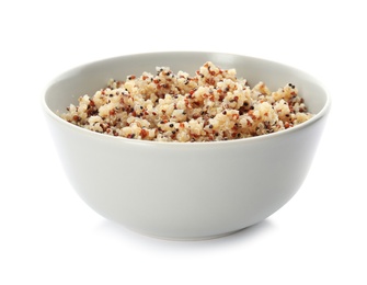 Photo of Cooked delicious quinoa in bowl isolated on white