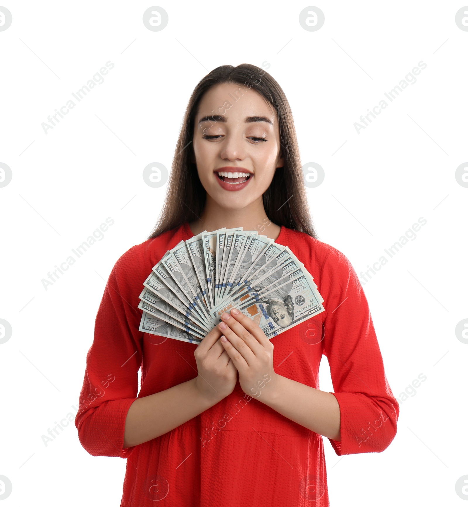 Photo of Young woman with money on white background
