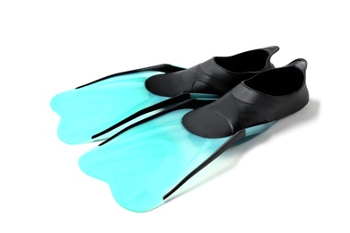 Photo of Pair of blue flippers on white background