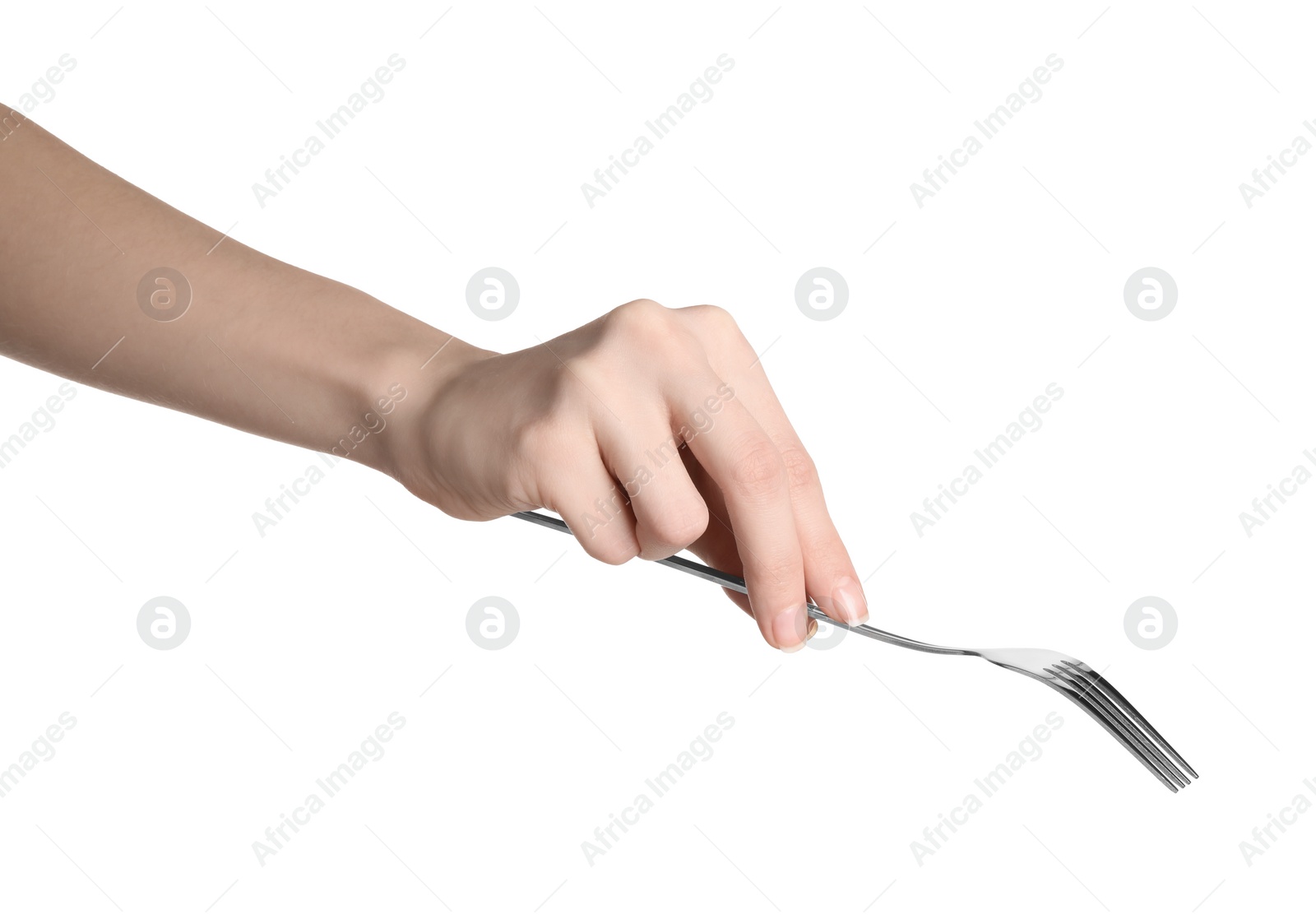 Photo of Woman holding shiny silver fork on white background, closeup