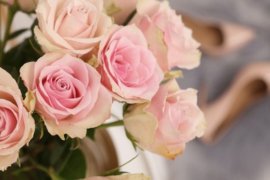 Photo of Beautiful bouquet of rose flowers indoors, closeup with space for text. Happy birthday