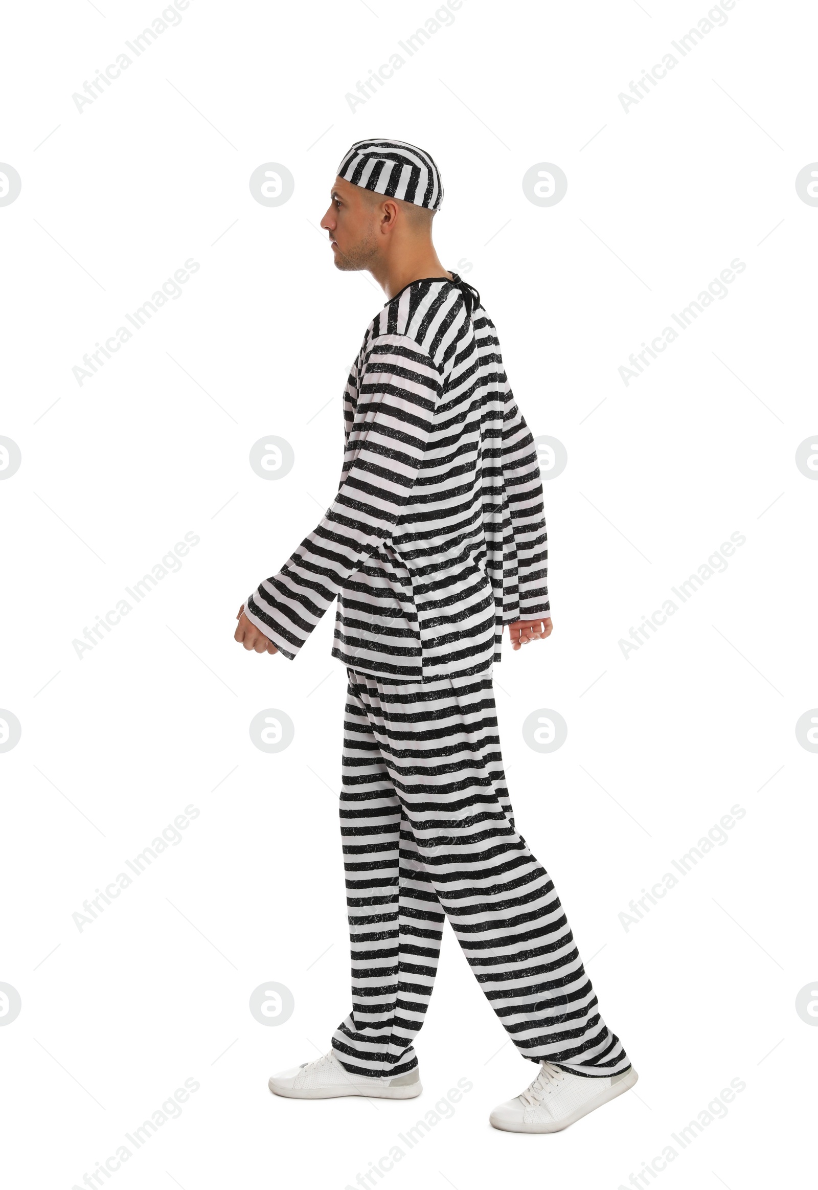 Photo of Prisoner in striped uniform on white background