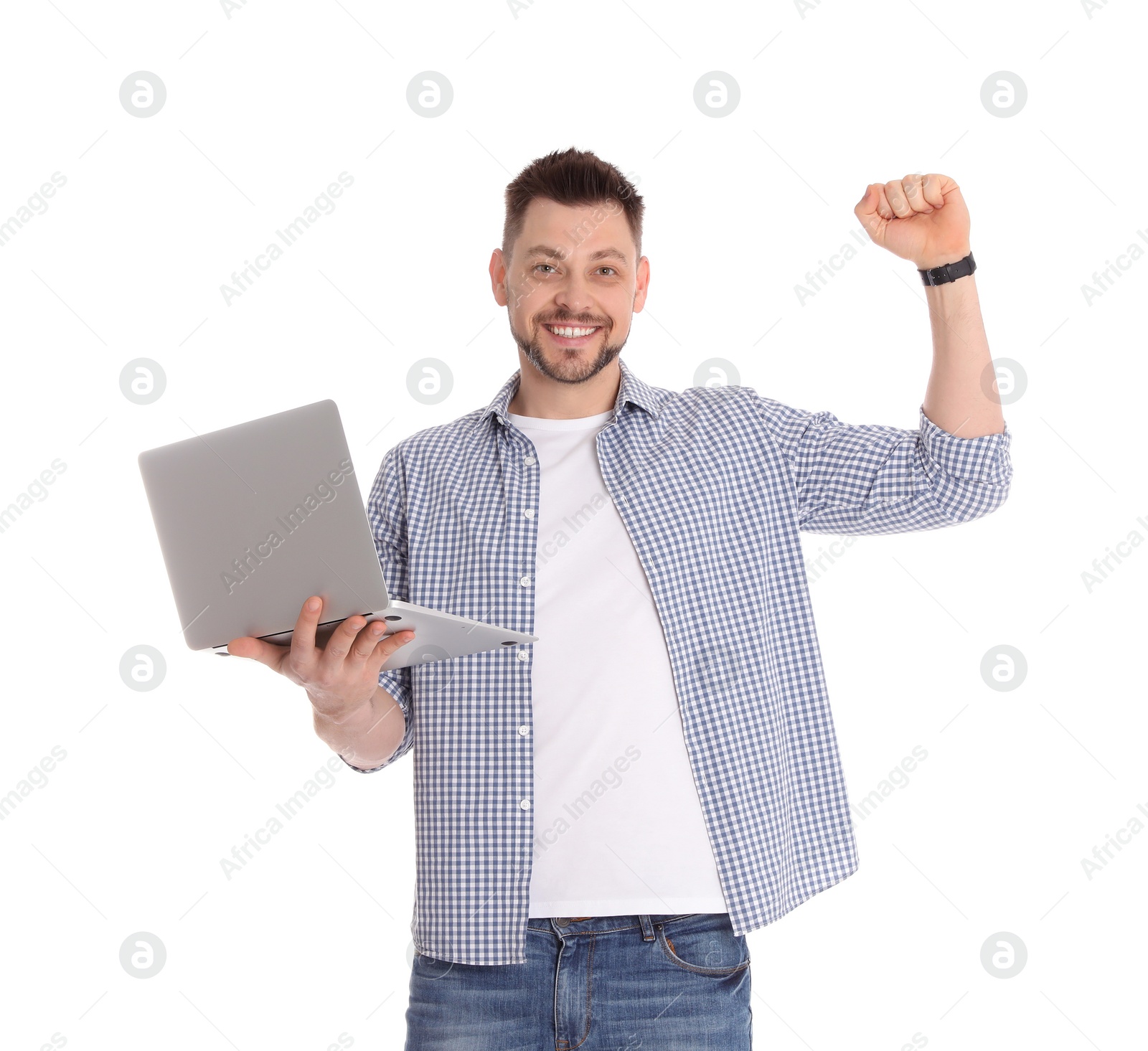 Photo of Happy man with laptop on white background