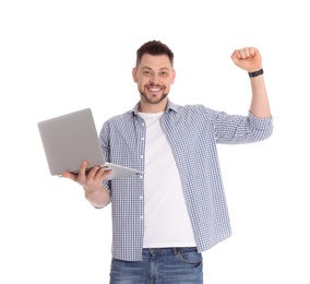 Photo of Happy man with laptop on white background